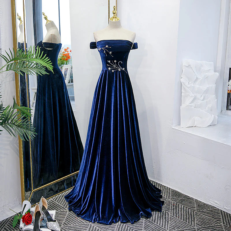 Blue Velvet Beaded Elegant Off Shoulder Evening Dress Blue Long Prom Dress Party Dress