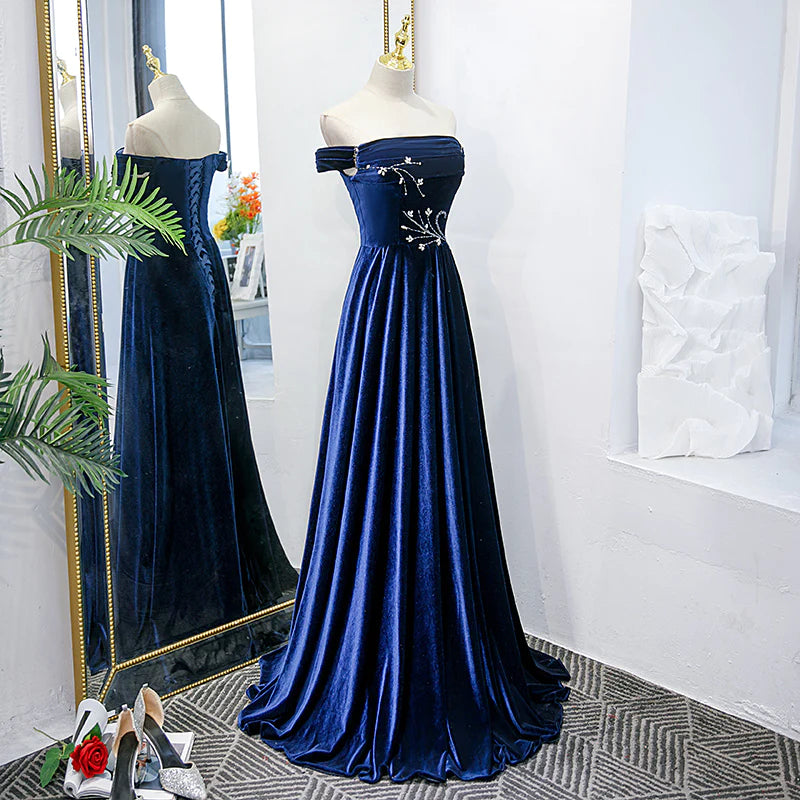 Blue Velvet Beaded Elegant Off Shoulder Evening Dress Blue Long Prom Dress Party Dress