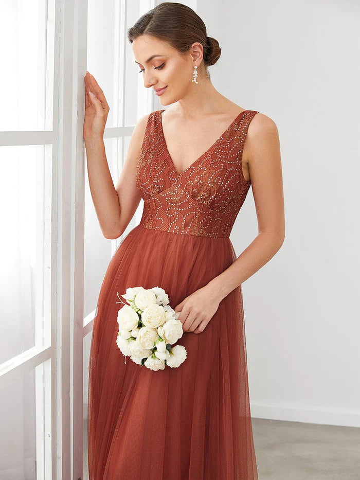 V-Neck Sleeveless A-Line Tulle Bridesmaid Dress