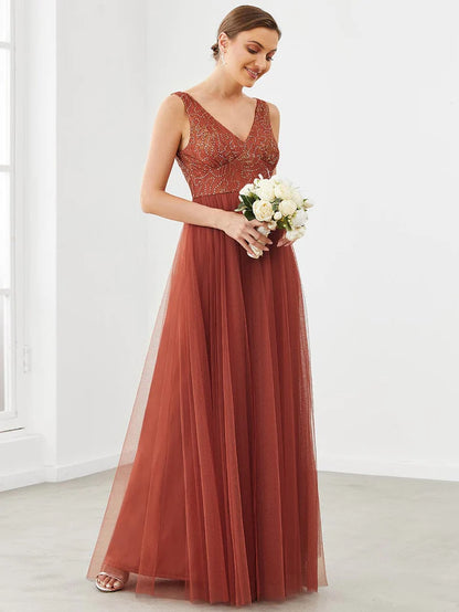 V-Neck Sleeveless A-Line Tulle Bridesmaid Dress