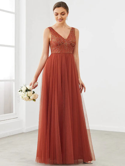 V-Neck Sleeveless A-Line Tulle Bridesmaid Dress