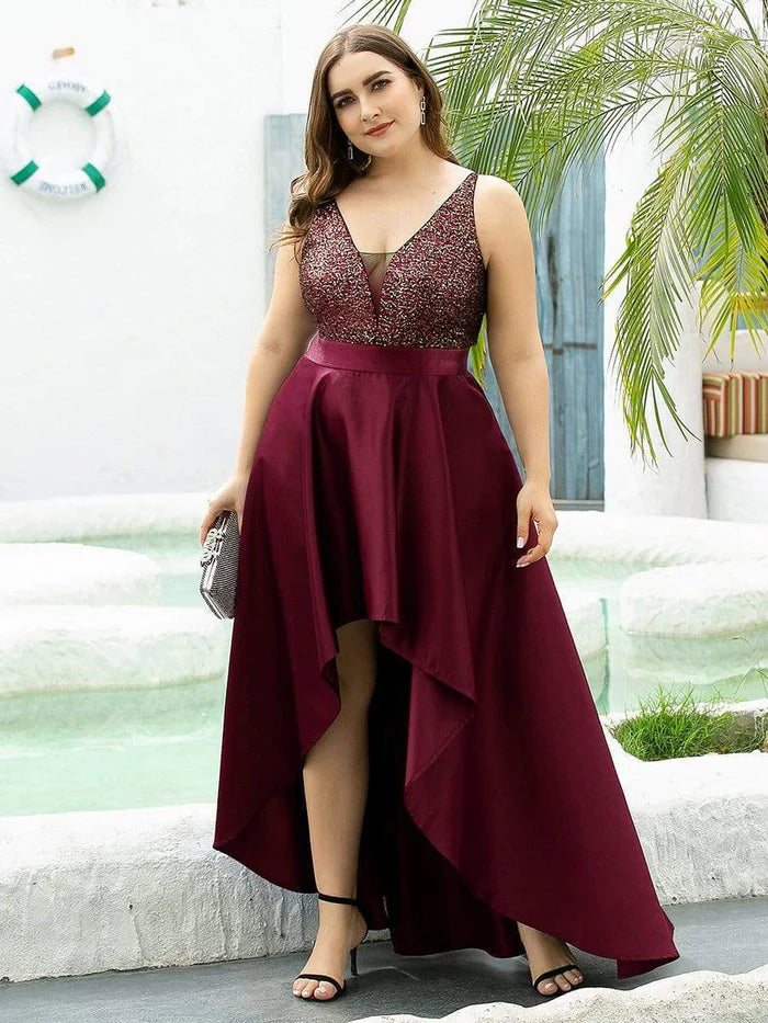 High Low Sleeveless Plus Size Dresses With Sequin for Evening