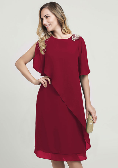 Chiffon Mother of the Bride Dress Sheath/Column Scoop Neck Short Sleeve Knee-Length