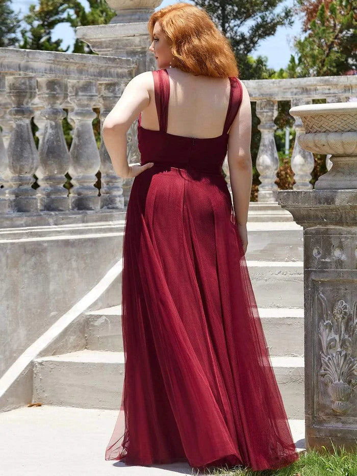 Plus Size Double V Neck Maxi Tulle Bridesmaid Dress