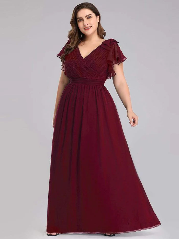 Plus Size Ruched Bodice Formal Evening Dresses with Ruffles Sleeves