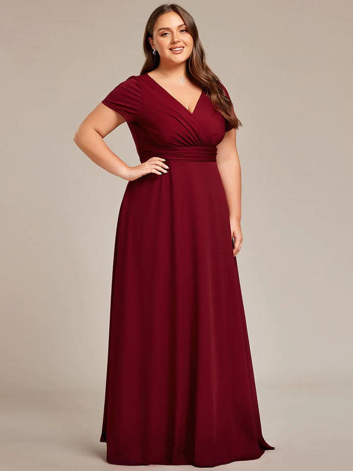 Plus Size Pleated V-Neck Short Sleeves Empire Waist A-Line Bridesmaid Dress