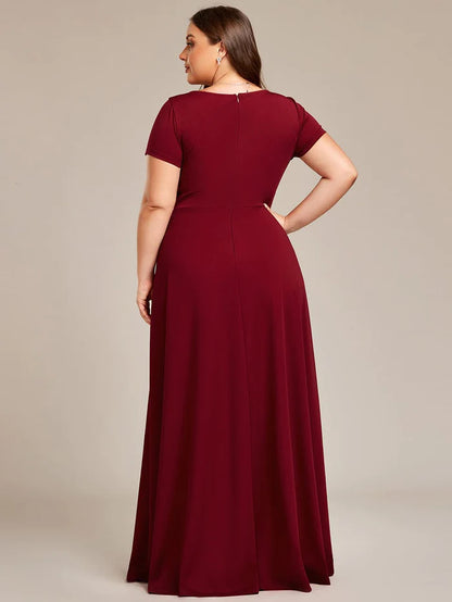 Plus Size Pleated V-Neck Short Sleeves Empire Waist A-Line Bridesmaid Dress