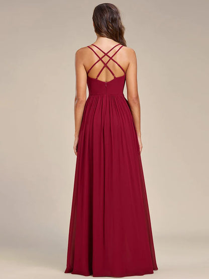 Chiffon Spaghetti Strap Ruffled Front Slit A-Line Bridesmaid Dress