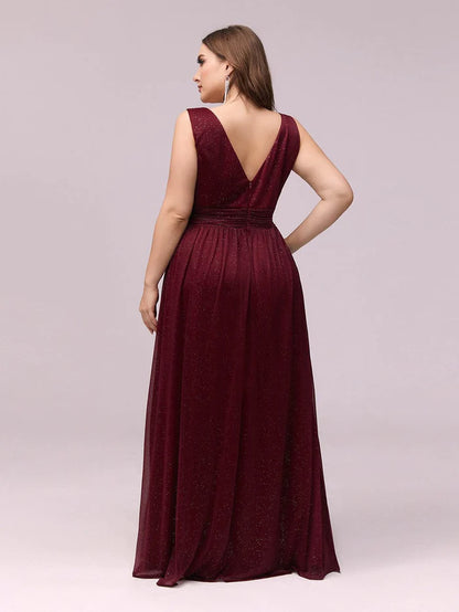 Double V Neck Maxi Long Plus Size Sparkly Evening Dresses for Party