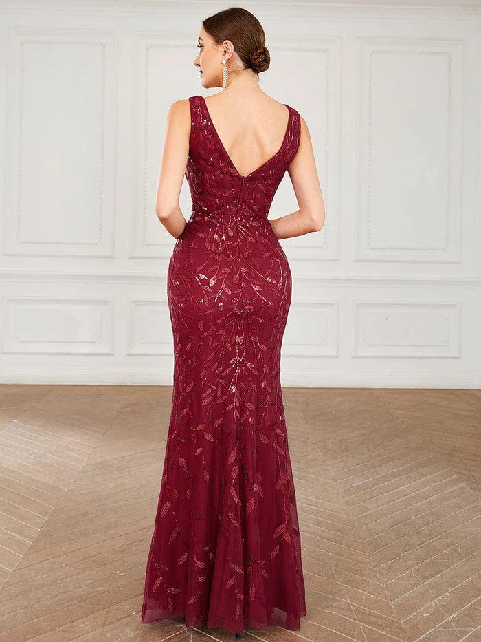 Sequin Sleeveless V-Neck Backless Bodycon Fishtail Evening Dress