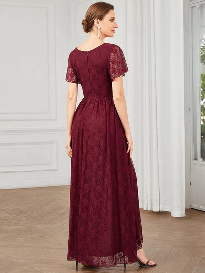 Pleated V-Neck Short Sleeve Ruffled Lace Evening Dress