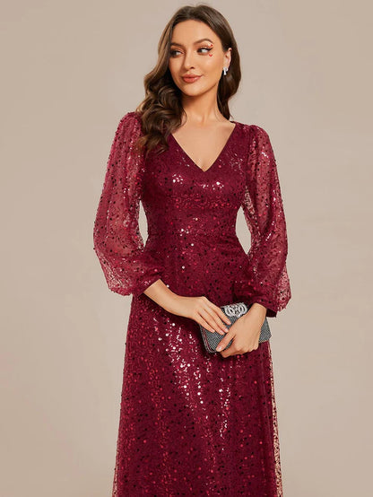 Shimmering All Over V-Neck Long Lantern Sleeve Sequin A-Line Evening Dress