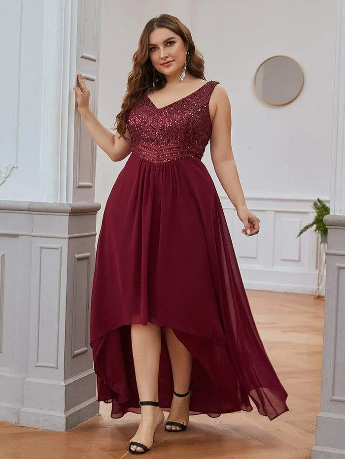 Elegant Paillette & Chiffon V-neck A-line Sleeveless Plus Size Formal Evening Dresses