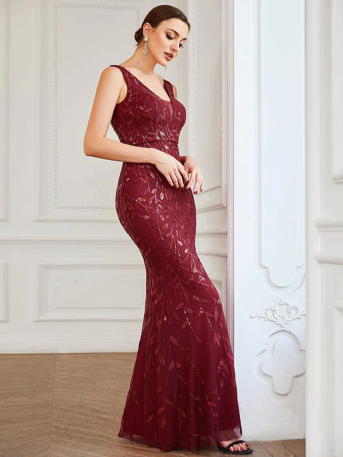 Sequin Sleeveless V-Neck Backless Bodycon Fishtail Evening Dress