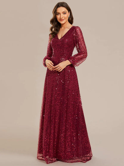 Shimmering All Over V-Neck Long Lantern Sleeve Sequin A-Line Evening Dress