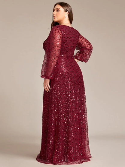 Shimmering All Over V-Neck Long Lantern Sleeve Sequin A-Line Evening Dress