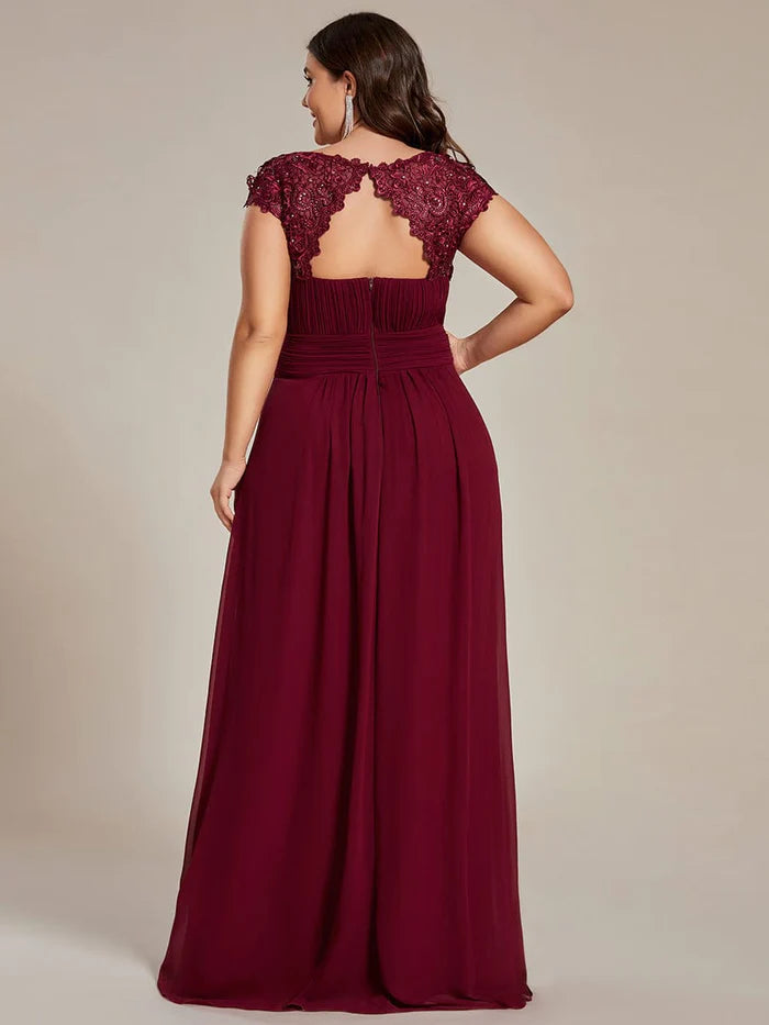 Elegant Maxi Long Lace Cap Sleeve Bridesmaid Dress