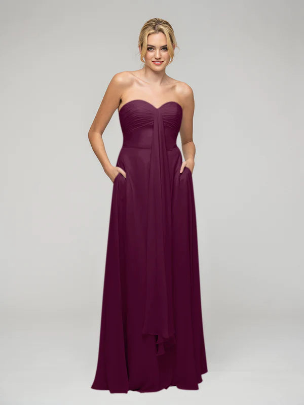 Koutun A Line Chiffon Strapless Bridesmaid Dresses With Ribbons