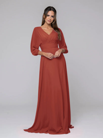 Koutun 3/4 Lantern Sleeve V Neck Chiffon A Line Bridesmaid Dresses