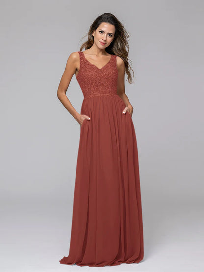 Applique V Neck Keyhole Back A Line Bridesmaid Dresses