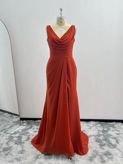 Sheath Cowl Neck Sleeveless Chiffon Bridesmaid Dresses With Slit and Ruffles