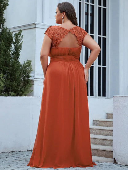 Plus Size Elegant Maxi Long Lace Cap Sleeve Bridesmaid Dress