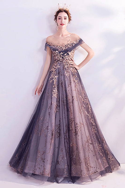 Sparkly Purple A-Line Tulle Long Prom Dress