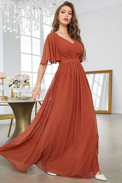 Brick Red A-Line  Party Dress V-Neck Pleated Prom Dress With Short Sleeves