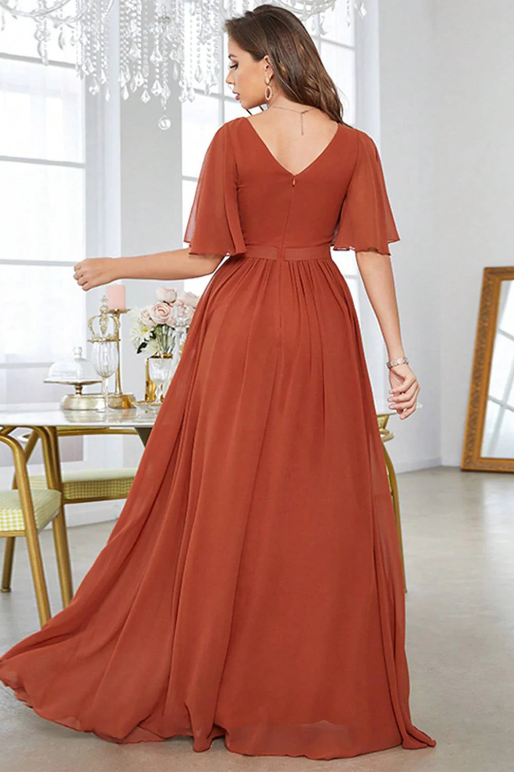 Brick Red A-Line  Party Dress V-Neck Pleated Prom Dress With Short Sleeves