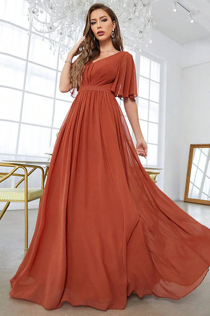 Brick Red A-Line  Party Dress V-Neck Pleated Prom Dress With Short Sleeves