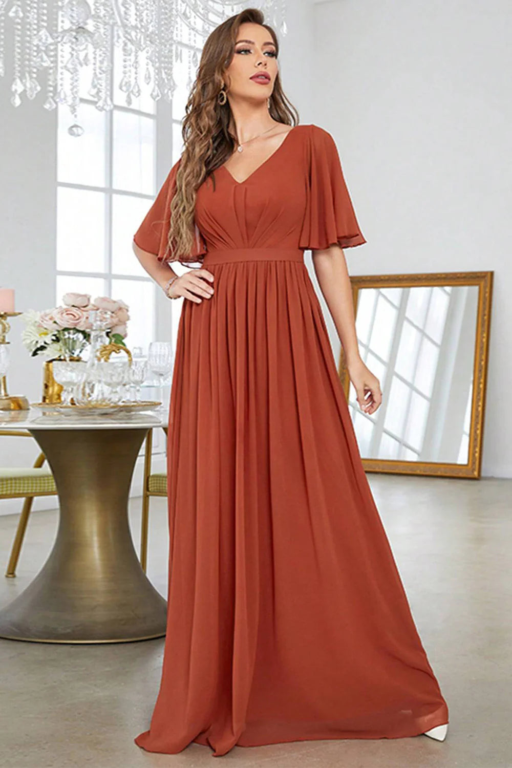 Brick Red A-Line  Party Dress V-Neck Pleated Prom Dress With Short Sleeves