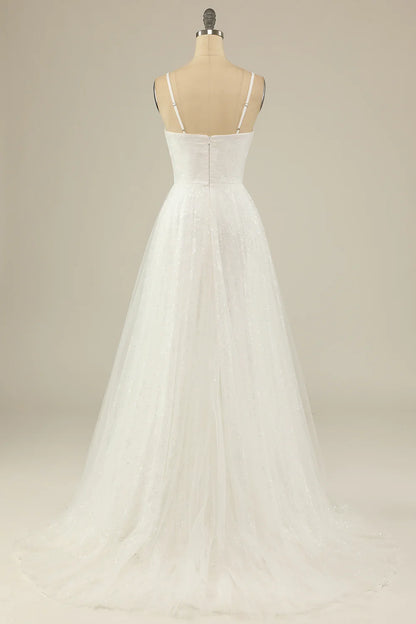 A Line Spaghetti Straps White Tulle Party Dress Sparkle Wedding Dress