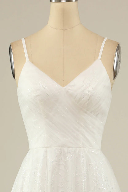 A Line Spaghetti Straps White Tulle Party Dress Sparkle Wedding Dress