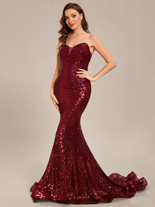 Custom Size Fashion Strapless Sweetheart Long Sequin Mermaid Prom Dress