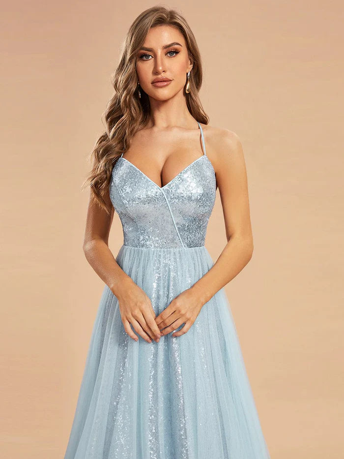 Custom Size Sparkly Spaghetti Strap A-Line Back Lace-Up Prom Dress