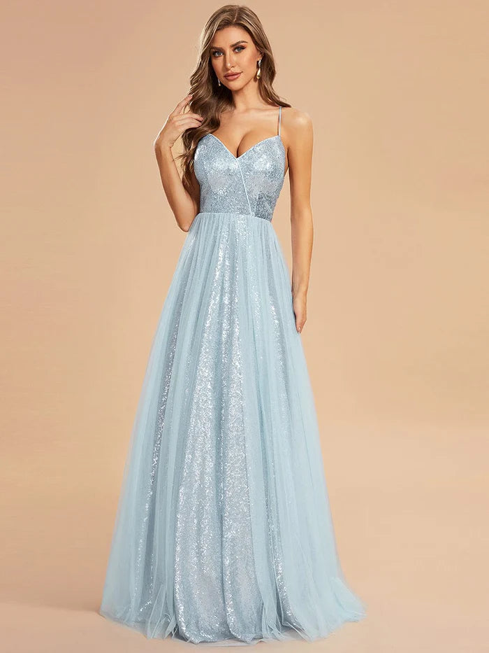 Custom Size Sparkly Spaghetti Strap A-Line Back Lace-Up Prom Dress