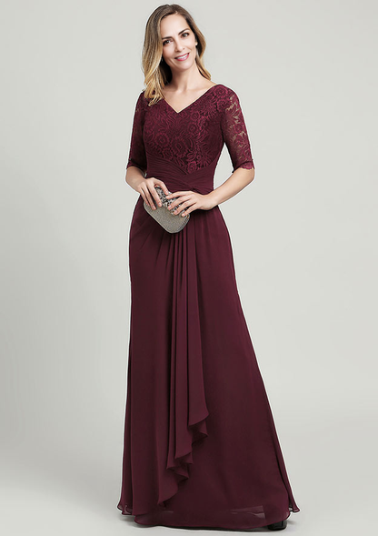 Chiffon Mother of the Bride Dress V Neck Half Sleeve Long With Ruffles Pleated Lace