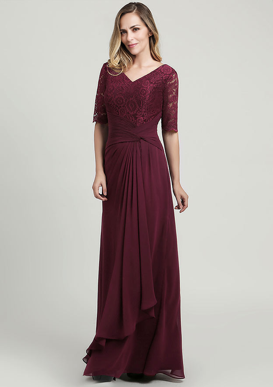 Chiffon Mother of the Bride Dress V Neck Half Sleeve Long With Ruffles Pleated Lace