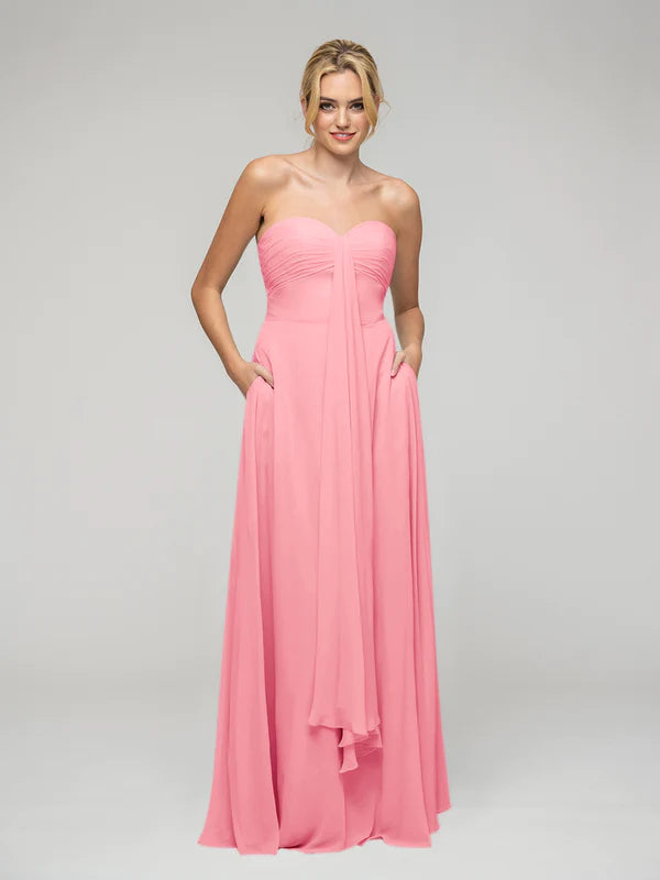 Koutun A Line Chiffon Strapless Bridesmaid Dresses With Ribbons