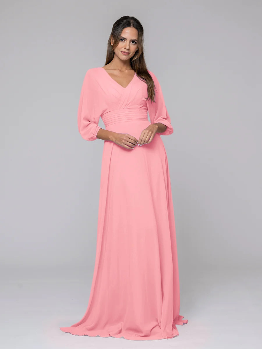 Koutun 3/4 Lantern Sleeve V Neck Chiffon A Line Bridesmaid Dresses