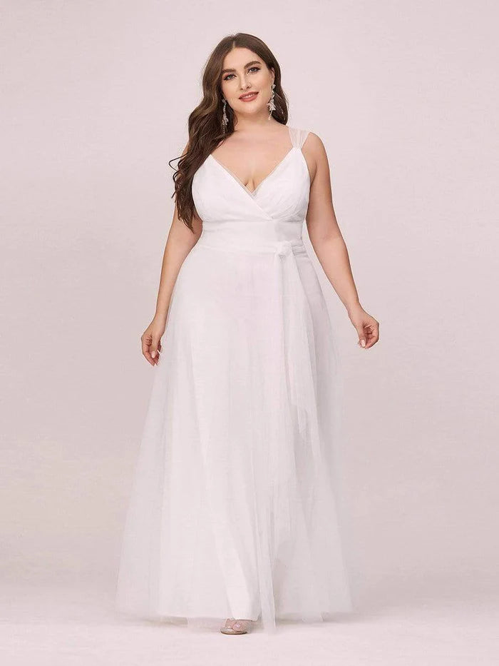 Plus Size Double V Neck Maxi Tulle Bridesmaid Dress