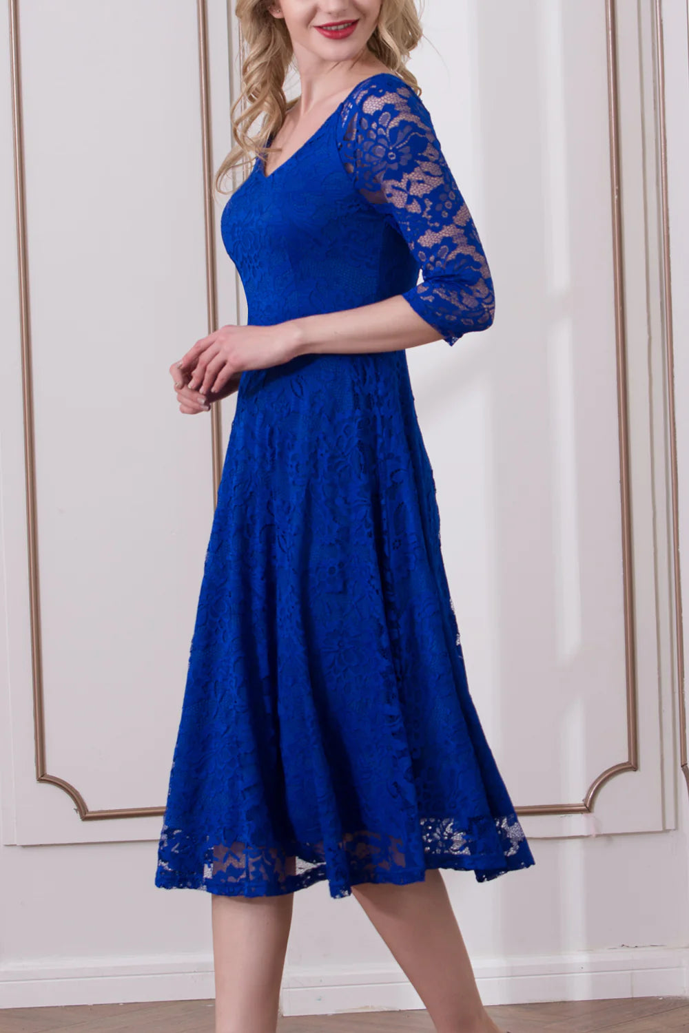 A-Line Mother of the Bride Dress Royal Blue Half Sleeve Lace Dress