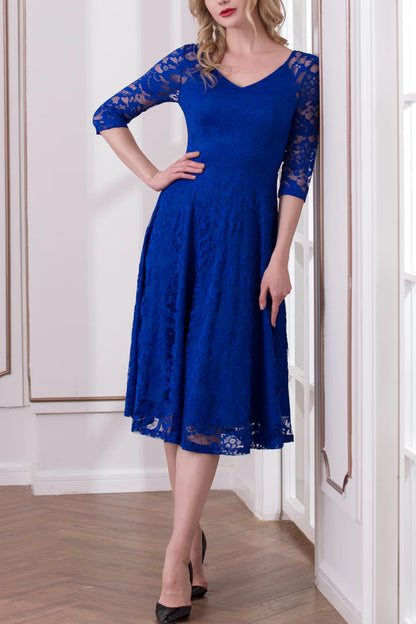 A-Line Mother of the Bride Dress Royal Blue Half Sleeve Lace Dress