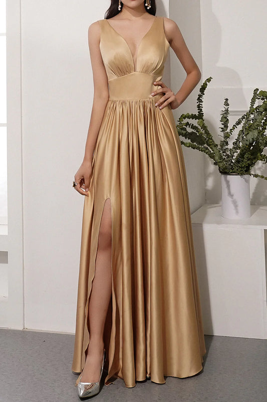 Satin V-neck Wedding Guest Dress Long Prom Party Dress With Slit