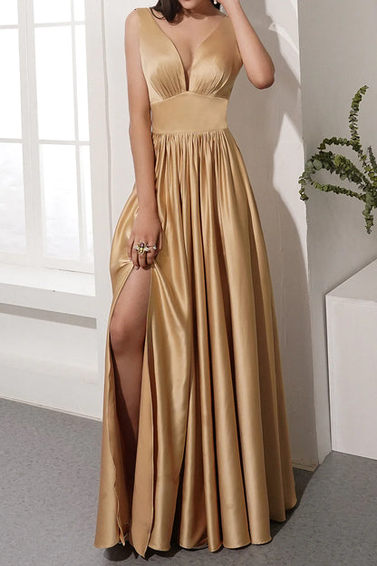 Satin V-neck Wedding Guest Dress Long Prom Party Dress With Slit