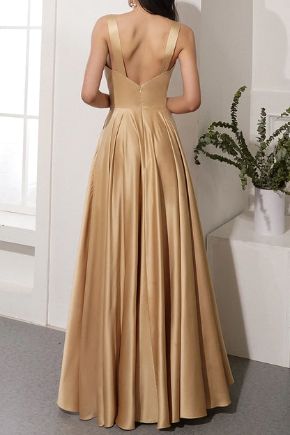 Satin V-neck Wedding Guest Dress Long Prom Party Dress With Slit