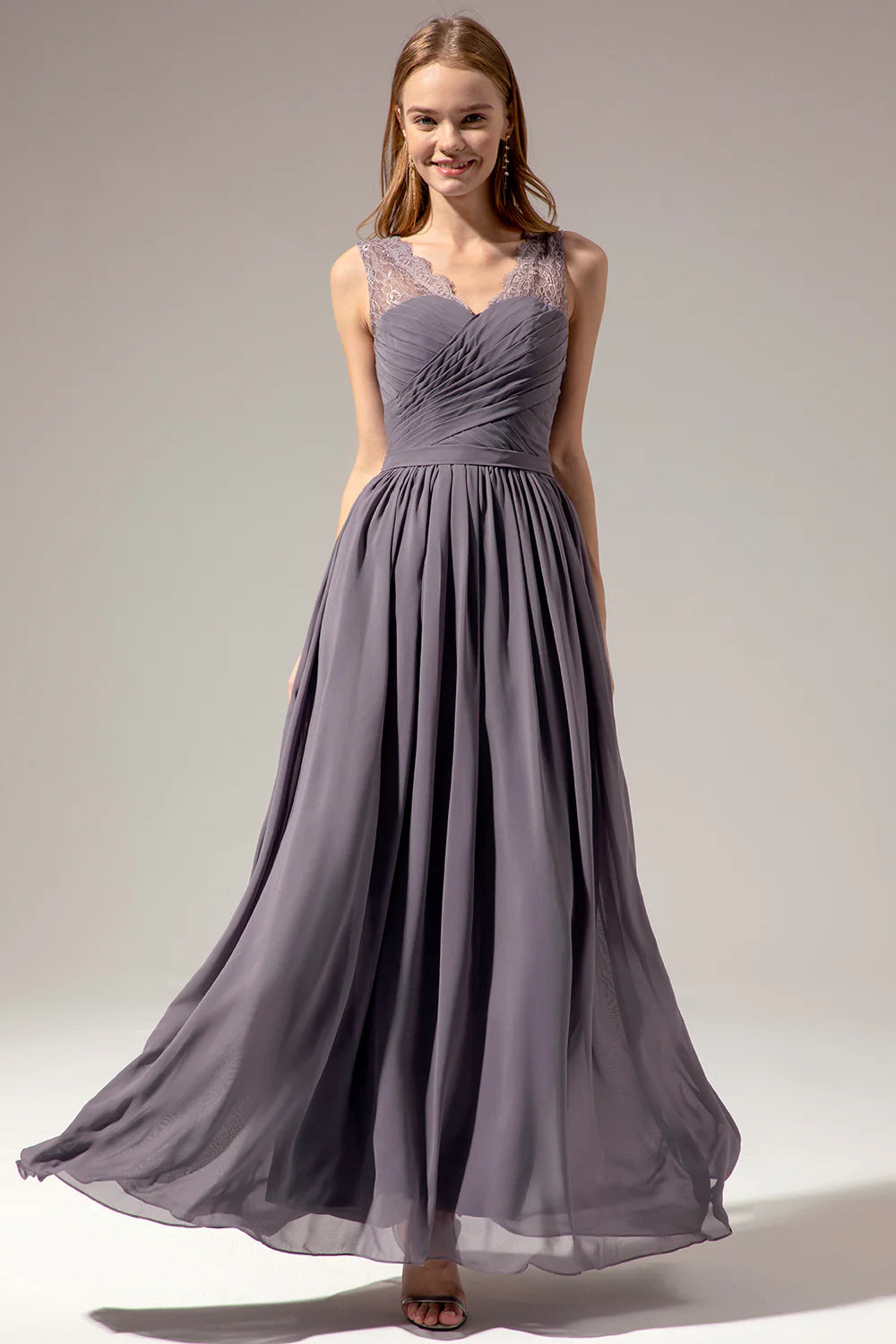 Long V-neck Lace Sleeveless Bridesmaid Dress