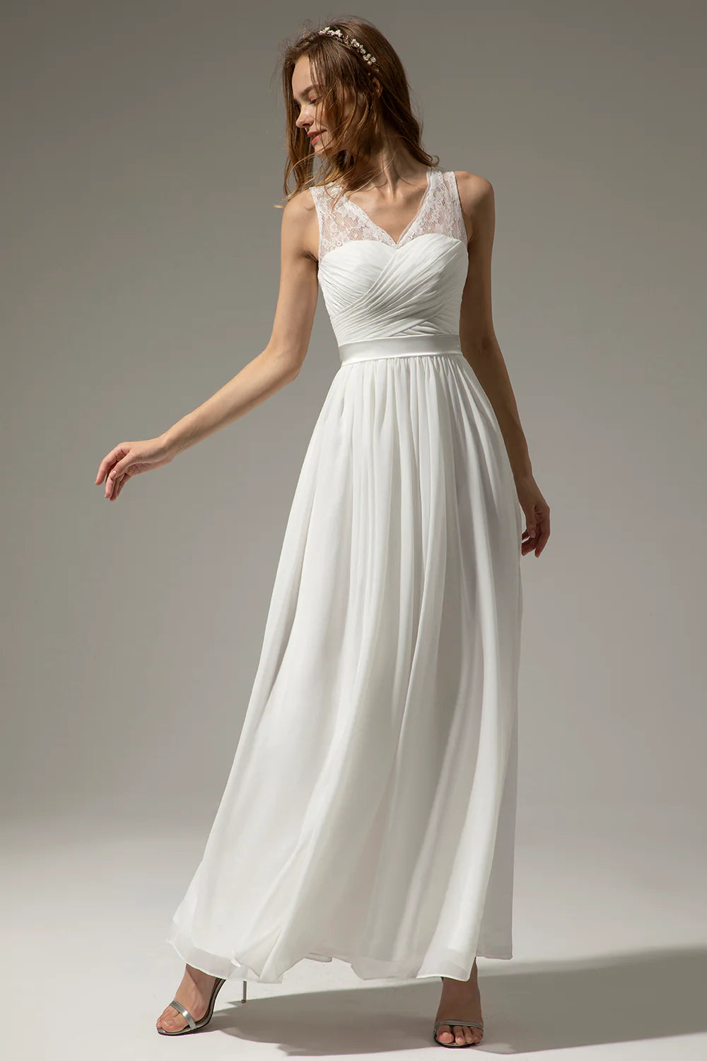 Long V-neck Lace Sleeveless Bridesmaid Dress