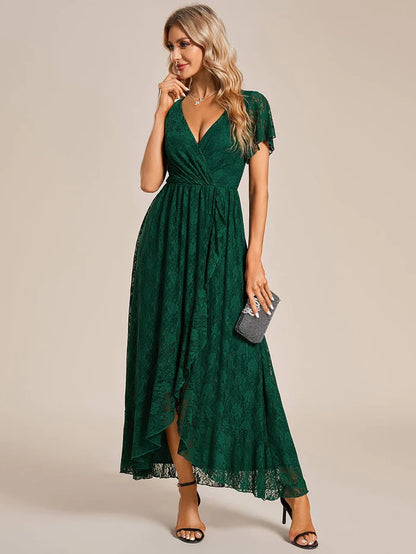 Pleated V-Neck Short Sleeve Ruffled Lace Evening Dress