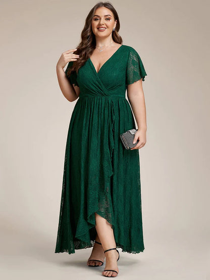 Pleated V-Neck Short Sleeve Ruffled Lace Evening Dress